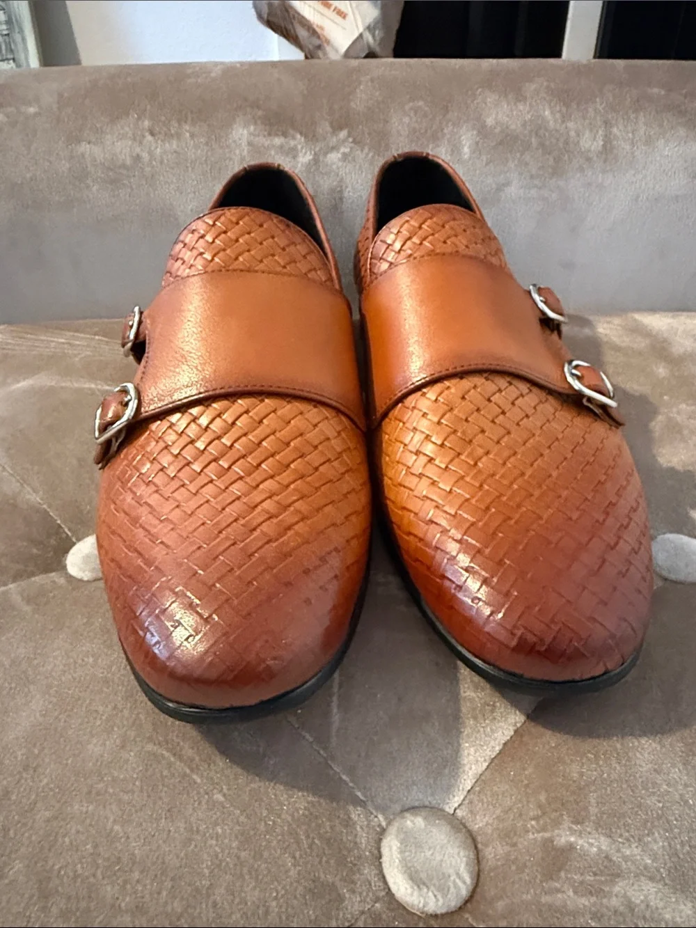 Men's Tan Woven Double Monk Strap Loafers